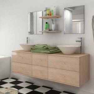 Conjunto de muebles de bano y lavabo 7 piezas beige