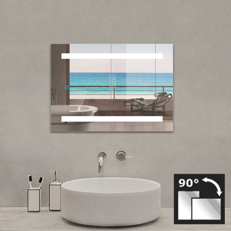 Aica - 60X80cm Espejo de baño con iluminación LED Luz Fría Blanca 6000k Espejo Rectangular con Función Antiniebla,Interruptor Táctil, Espejo Montado