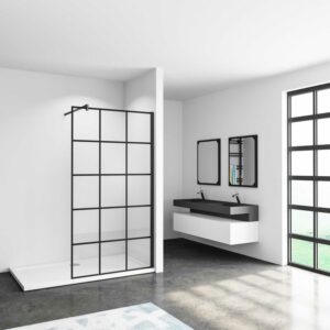 100x200cm Mamparas de ducha pantalla panel fijo estilo industrial negro Mate con cuadrados cristal antical 8mm con Barra 73-120cm