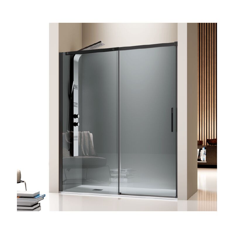 Kassandra - Frontal de ducha + Puerta Corredera LUNA Negro Decorado 100 cm Lateral Fijo : 76.5 - 79 cm