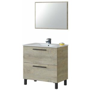 Mueble baño Athena roble alaska 2 cajones + espejo estilo industrial 80x45 cm incluye lavabo CERÁMICO