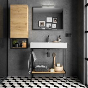 Caesaroo - Mueble de baño de pie 80 cm con estructura de aluminio lacado negro mate y lavabo | Roble claro - 80 cm - Con espejo y lámpara LED