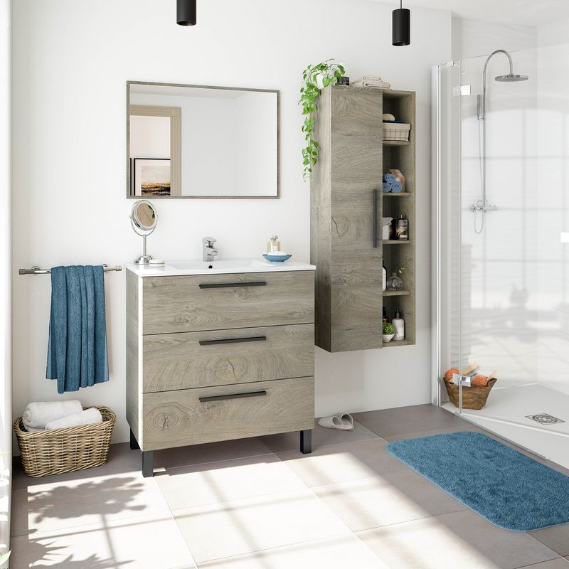 Mueble de baño de pie 80 cm Roble con 3 cajones y Espejo | Roble claro - Con Columna y Lámpara Led