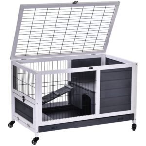 Pawhut Portable Rabbit Cage With Openable Roof Ramp And Removable Tray One Size