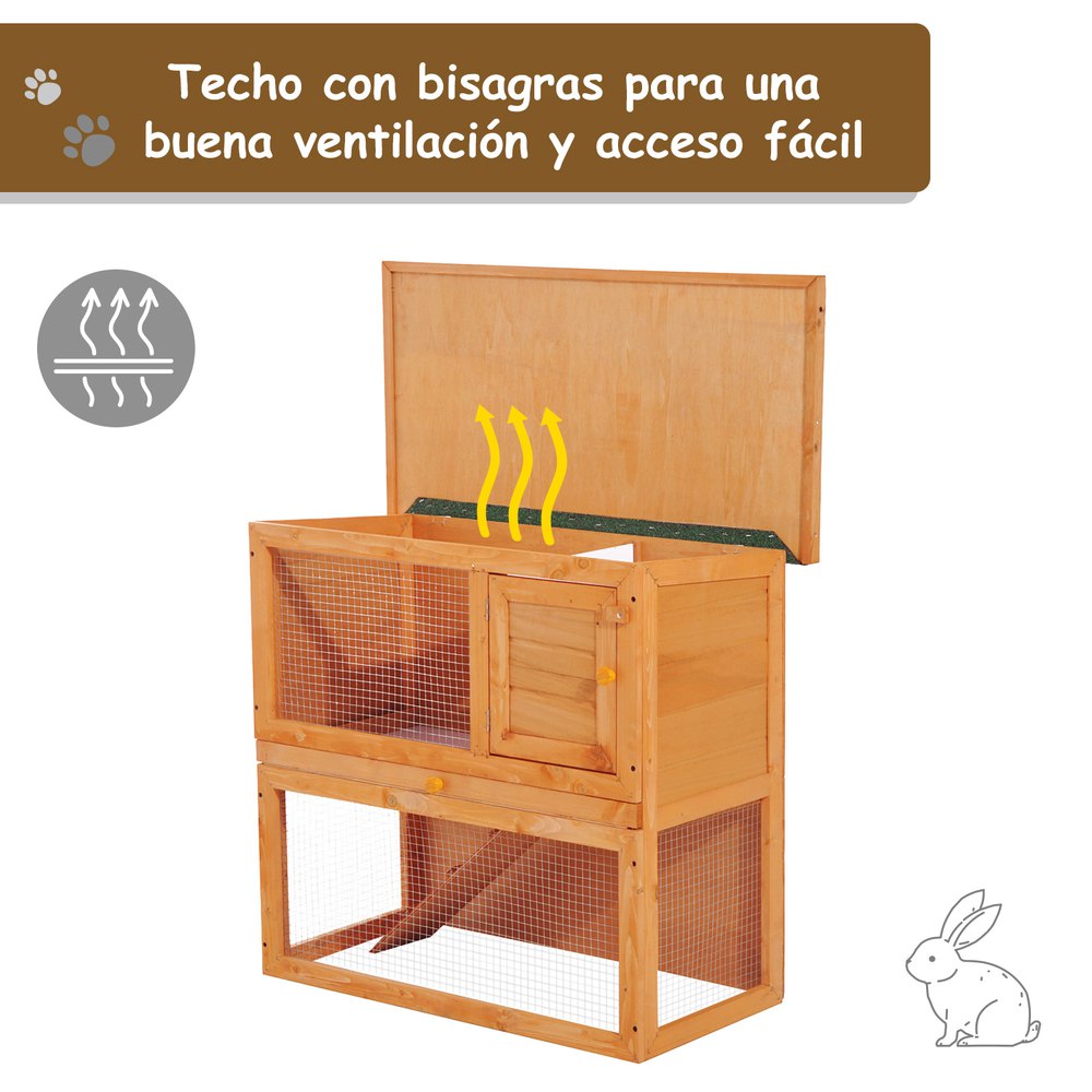 Pawhut Conejera Madera Jaula Para Conejos O Casa Para Animales Pequeños 90x45x80cm Área De Juego One Size - Imagen 6