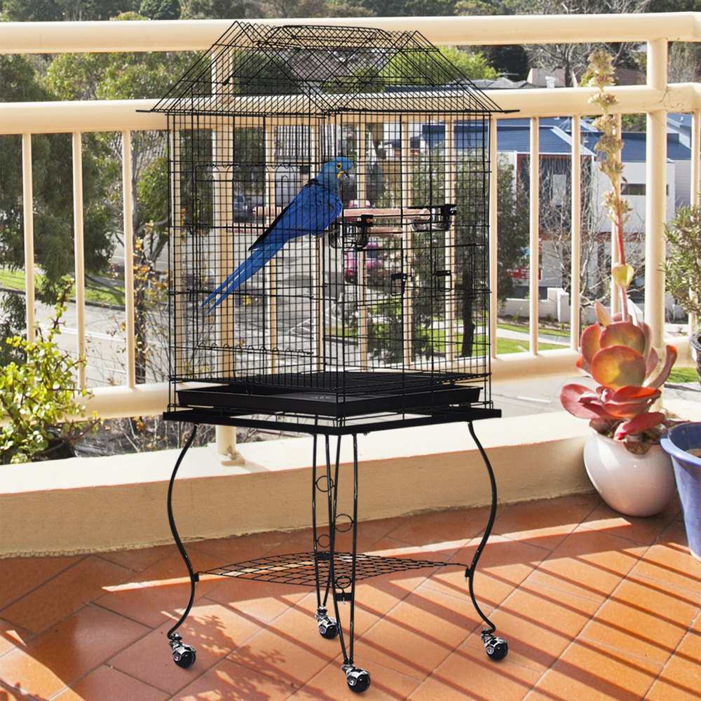 Pawhut Jaula Para Pájaros Con Soporte Y Ruedas Bandeja Extraíble 2 Comederos Repisa Inferior Metal Para Canarios Periquitos Loros 53x53x147 Cm Negro One Size - Imagen 2
