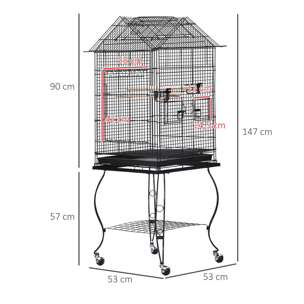 Pawhut Jaula Para Pájaros Con Soporte Y Ruedas Bandeja Extraíble 2 Comederos Repisa Inferior Metal Para Canarios Periquitos Loros 53x53x147 Cm Negro One Size - Imagen 3