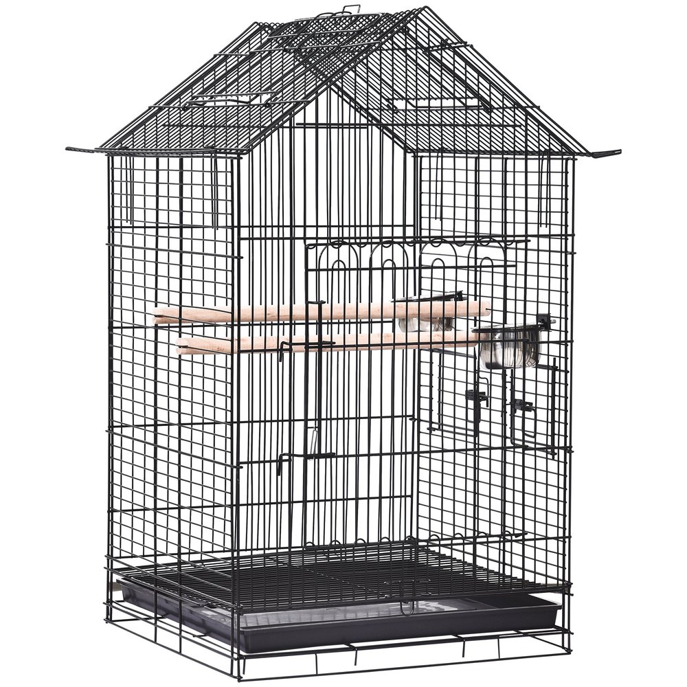 Pawhut Jaula Para Pájaros Con Soporte Y Ruedas Bandeja Extraíble 2 Comederos Repisa Inferior Metal Para Canarios Periquitos Loros 53x53x147 Cm Negro One Size - Imagen 6