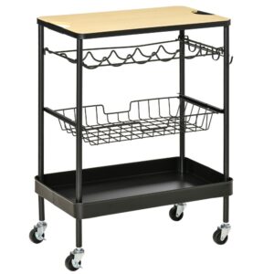 Homcom Carro De Cocina Con Ruedas Carrito De Servicio Multiuso Con Botellero Cesta Extraíble Bandeja Y 4 Ganchos Para Comedor Salón 60.5x35.5x75 Cm Negro Y One Size Grey