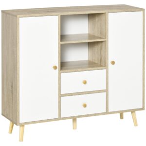 Homcom Aparador De Salón Con 2 Puertas 2 Cajones Y 2 Estantes Abiertos Mueble Auxiliar De Almacenaje Para Cocina Recibidor 100x30x85 Cm Blanco Y Natural One Size Multicolour