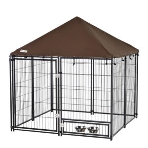 Pawhut Parque Para Perros Con Toldo Perrera Metálica De Exterior Con Soporte Giratorio Para Comida 2 Cuencos Incluidos Y Cerradura Para Mascotas Jardín 141x One Size