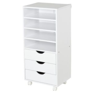 Vinsetto Mueble Auxiliar Para Oficina Estudio Gran Espacio De Almacenaje Con 3 Cajones 4 Estantes Abiertos 4 Ruedas 40x30x83 Cm Blanco One Size