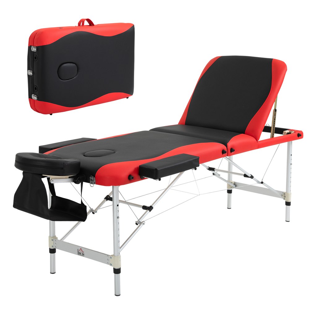 Homcom Camilla De Masaje Plegable Y Portátil 215x60x61-84cm Mesa Ajustable En Altura Con Reposacabezas Y Apoyabrazos Para Tatuaje Fisioterapia Negro Y Rojo One Size