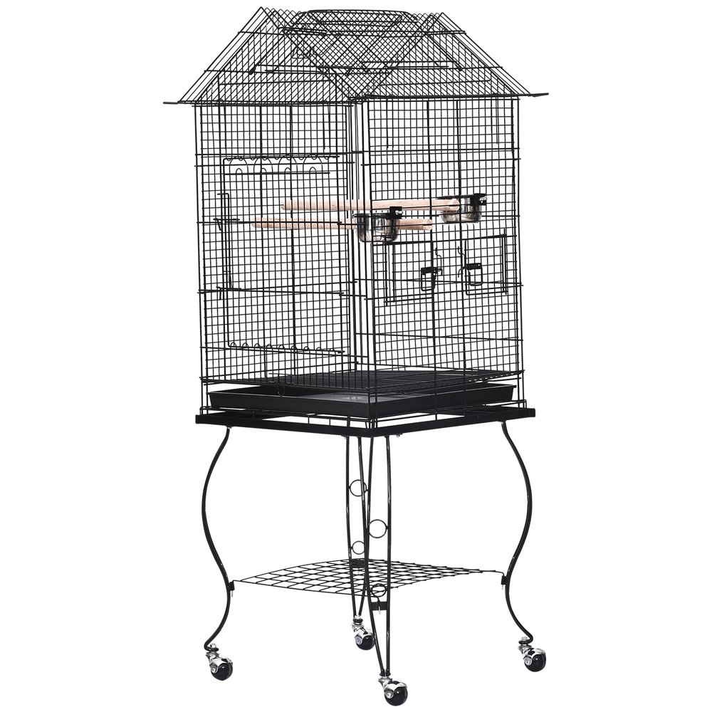 Pawhut Jaula Para Pájaros Con Soporte Y Ruedas Bandeja Extraíble 2 Comederos Repisa Inferior Metal Para Canarios Periquitos Loros 53x53x147 Cm Negro One Size