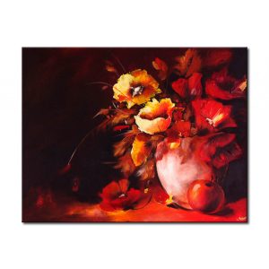Quadro contemporaneo Natura morta - una composizione piena di fiori in tonalità rosse XXL