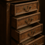 Cómoda antigua de madera con cuatro cajones abiertos